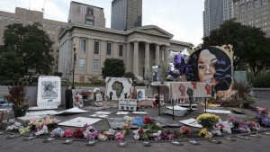 A memorial to Breonna Taylor, placed in Jefferson Square Park, is photographed in downtown Louisville, Kentucky on September 23, 2020 as the city anticipates of the results of a grand jury inquiry into the death of Breonna Taylor, a Black woman shot by the Louisville Metro Police Department in her apartment earlier this year. (Photo by Jeff Dean / AFP) (Photo by JEFF DEAN/AFP via Getty Images)